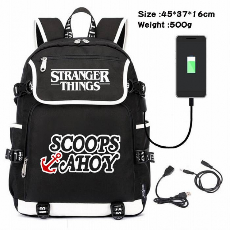 Stranger Things-079 Anime 600D waterproof canvas backpack USB charging data line backpack
