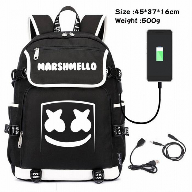 Marshmello-154 Anime 600D waterproof canvas backpack USB charging data line backpack