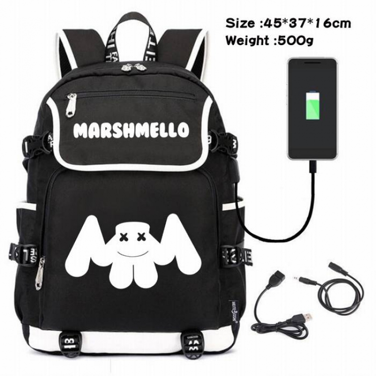 Marshmello-156 Anime 600D waterproof canvas backpack USB charging data line backpack