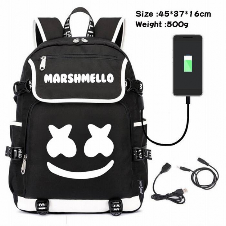 Marshmello-153 Anime 600D waterproof canvas backpack USB charging data line backpack