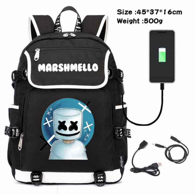 Marshmello-161 Anime 600D waterproof canvas backpack USB charging data line backpack