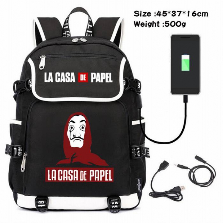 La casa de papel-222 Anime 600D waterproof canvas backpack USB charging data line backpack