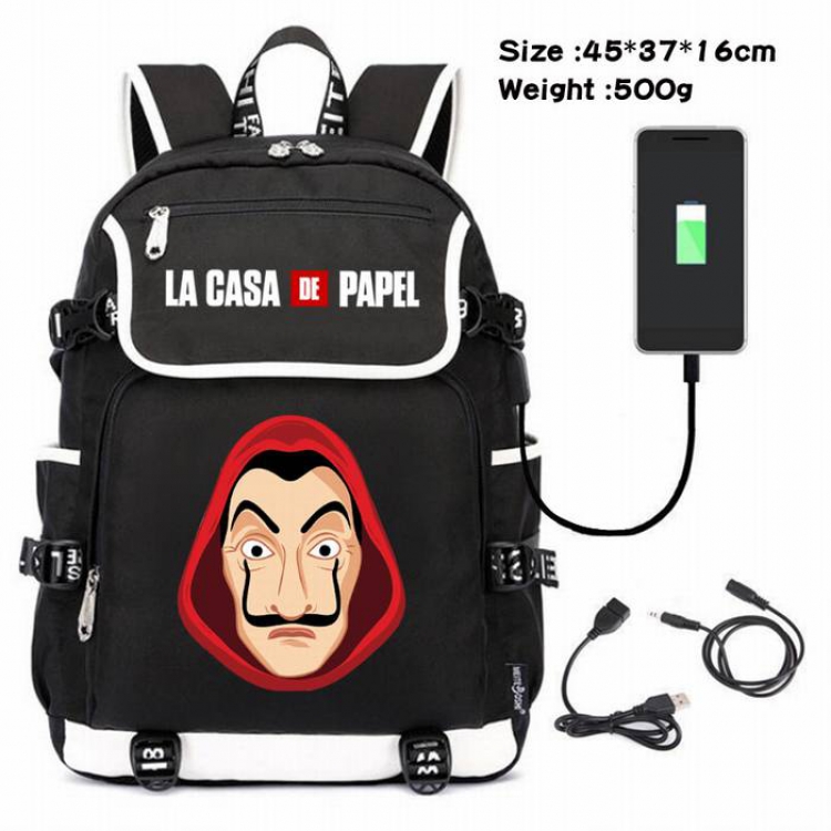 La casa de papel-219 Anime 600D waterproof canvas backpack USB charging data line backpack