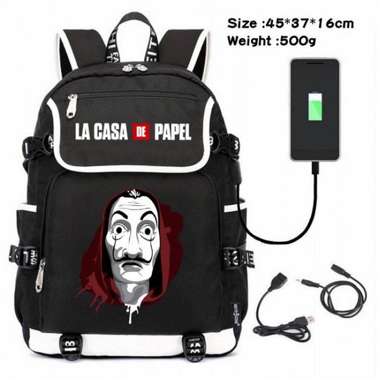 La casa de papel-220 Anime 600D waterproof canvas backpack USB charging data line backpack