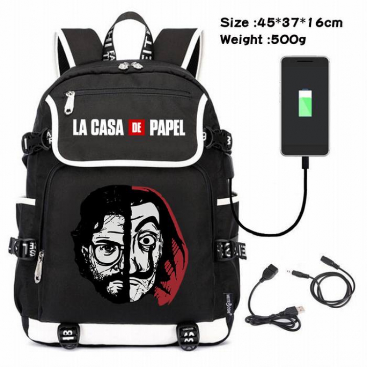 La casa de papel-224 Anime 600D waterproof canvas backpack USB charging data line backpack