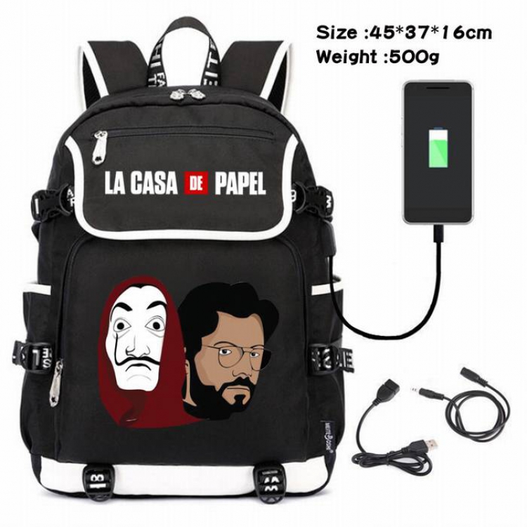 La casa de papel-226 Anime 600D waterproof canvas backpack USB charging data line backpack