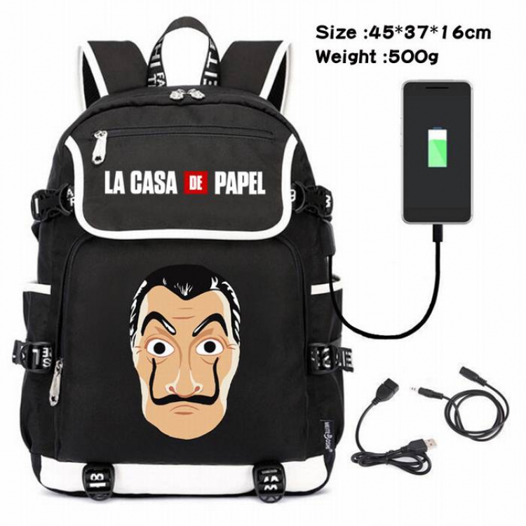 La casa de papel-227 Anime 600D waterproof canvas backpack USB charging data line backpack