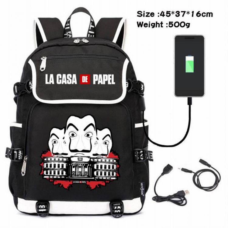 La casa de papel-225 Anime 600D waterproof canvas backpack USB charging data line backpack