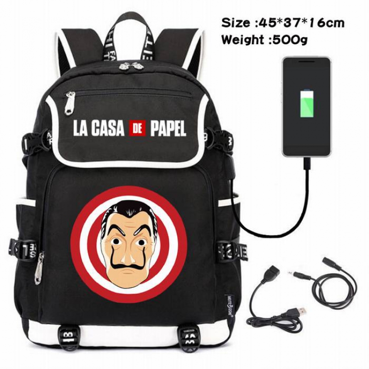 La casa de papel-229 Anime 600D waterproof canvas backpack USB charging data line backpack