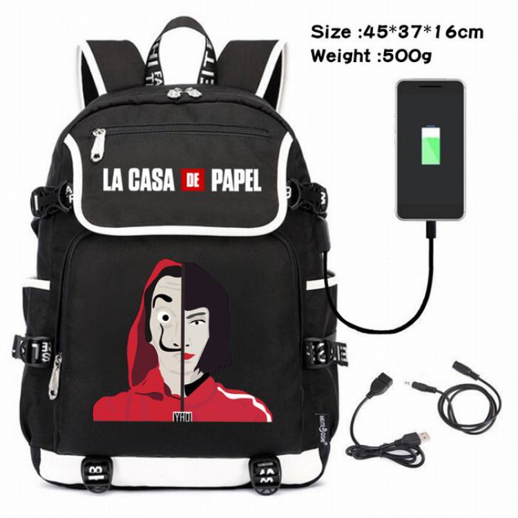 La casa de papel-230 Anime 600D waterproof canvas backpack USB charging data line backpack