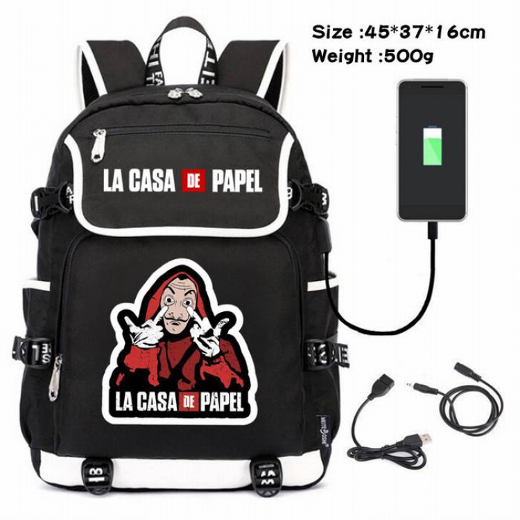 La casa de papel-228 Anime 600D waterproof canvas backpack USB charging data line backpack