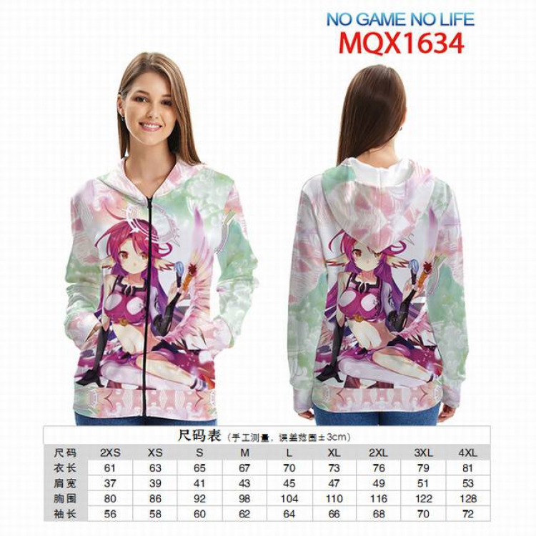 No Game No life Full color zipper hooded Patch pocket Coat Hoodie 9 sizes from XXS to 4XL MQX 1634