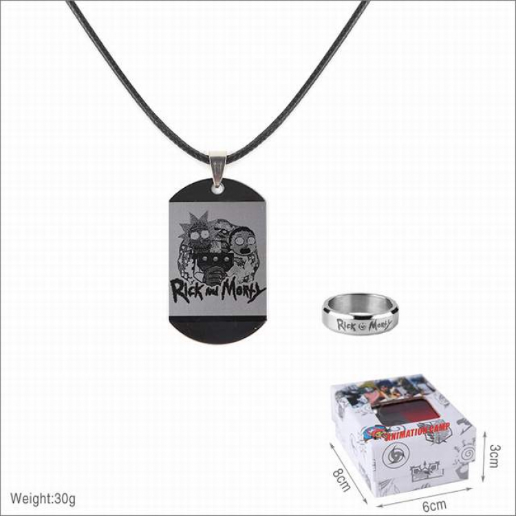 Rick and Morty Ring and stainless steel black sling necklace 2 piece set