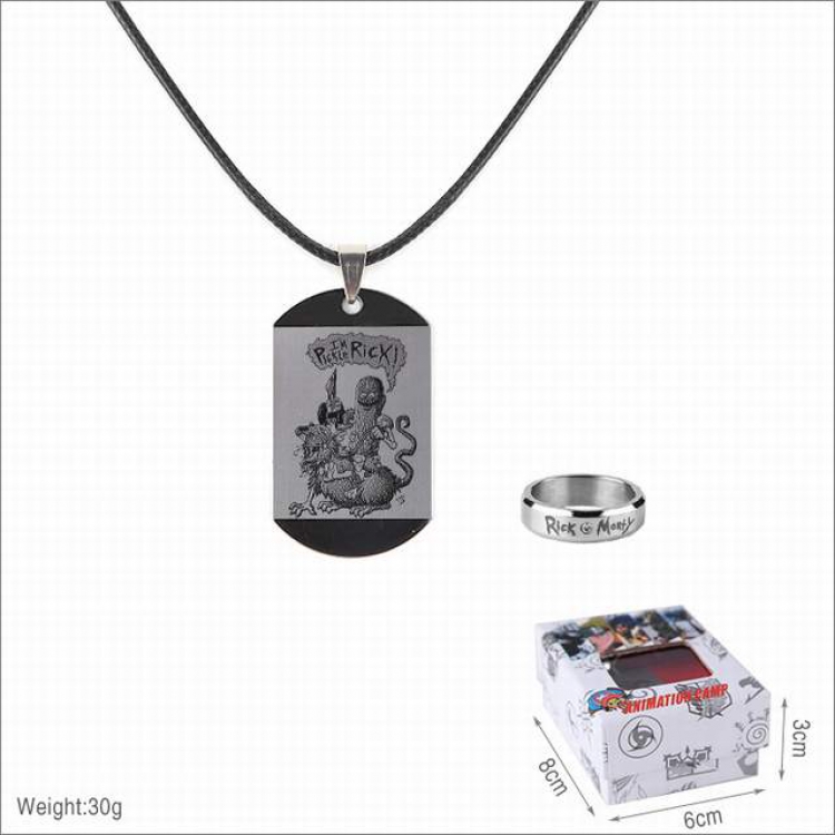Rick and Morty Ring and stainless steel black sling necklace 2 piece set