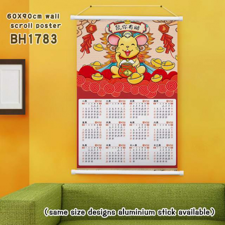  New Year Wall calendar White Plastic rod Cloth painting Wall Scroll 60X90CM BH1783