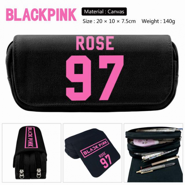 Black Pink Rose-97 Anime double layer multifunctional canvas pencil bag stationery box wallet 20X10X7.5CM 140G