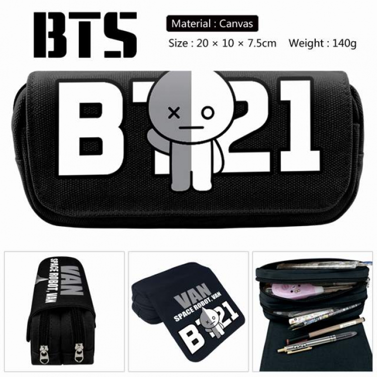 BTS BT21-Robot Anime double layer multifunctional canvas pencil bag stationery box wallet 20X10X7.5CM 140G