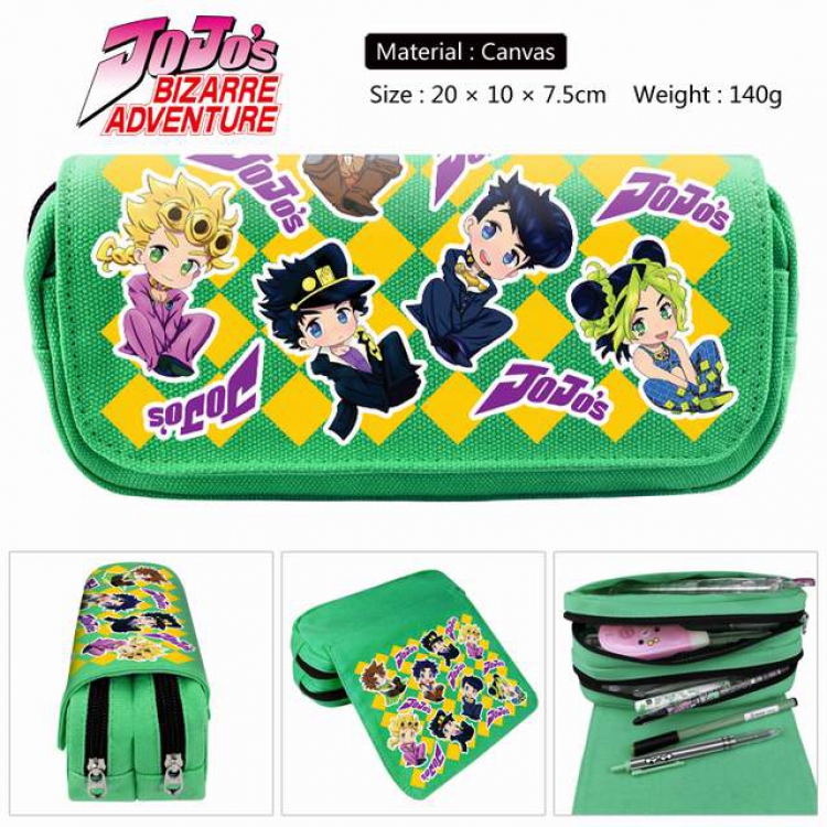 JoJos Bizarre Adventure green Anime double layer multifunctional canvas pencil bag stationery box wallet 20X10X7.5CM