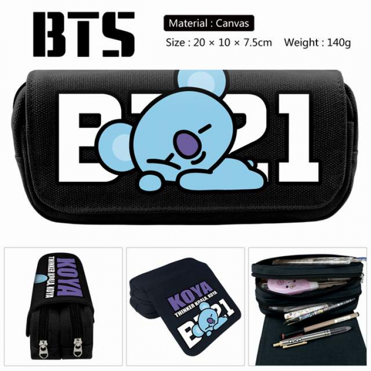 BTS BT21-Koala Anime double layer multifunctional canvas pencil bag stationery box wallet 20X10X7.5CM 140G