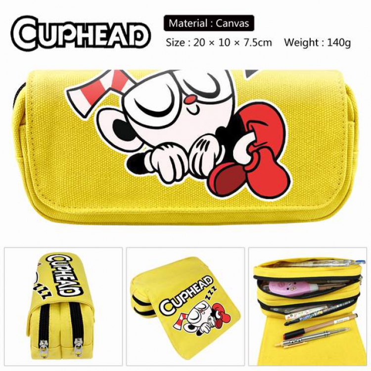 Cuphead yellow Anime double layer multifunctional canvas pencil bag stationery box wallet 20X10X7.5CM 140G