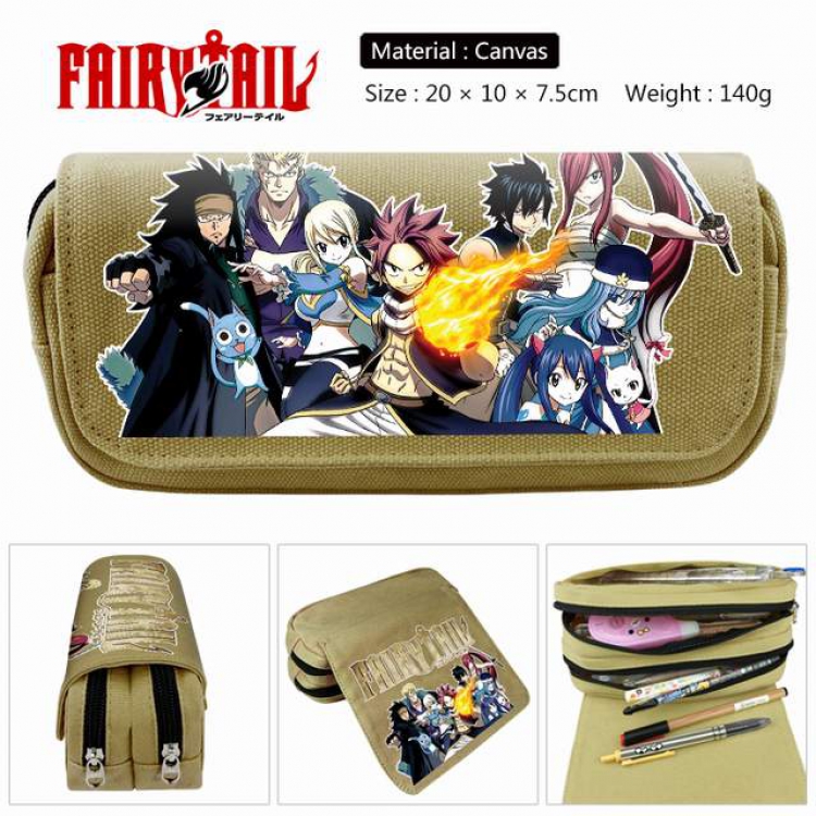 Fairy Tail khaki Anime double layer multifunctional canvas pencil bag stationery box wallet 20X10X7.5CM 140G