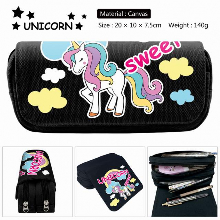 Unicorn black Anime double layer multifunctional canvas pencil bag stationery box wallet 20X10X7.5CM 140G