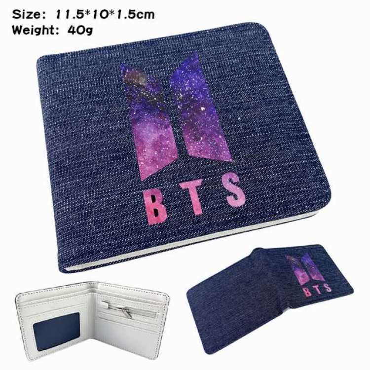 BTS Pink sign Anime Printed denim color picture bi-fold wallet 11.5X10X1.5CM