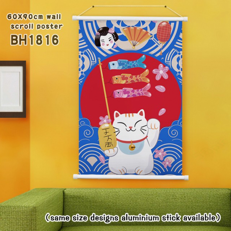 Lucky Cat New Year White Plastic rod Cloth painting Wall Scroll 60X90CM BH1816