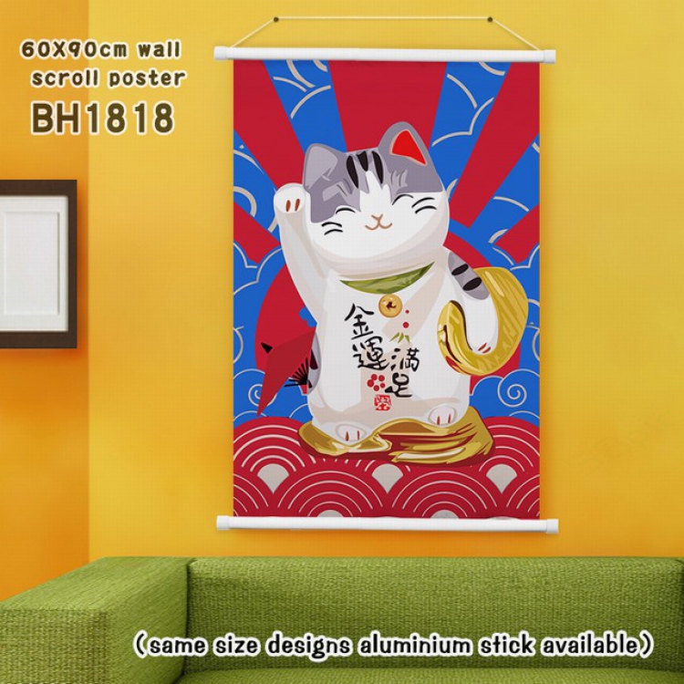 Lucky Cat New Year White Plastic rod Cloth painting Wall Scroll 60X90CM BH1818