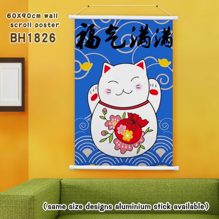 Lucky Cat New Year White Plastic rod Cloth painting Wall Scroll 60X90CM BH1826