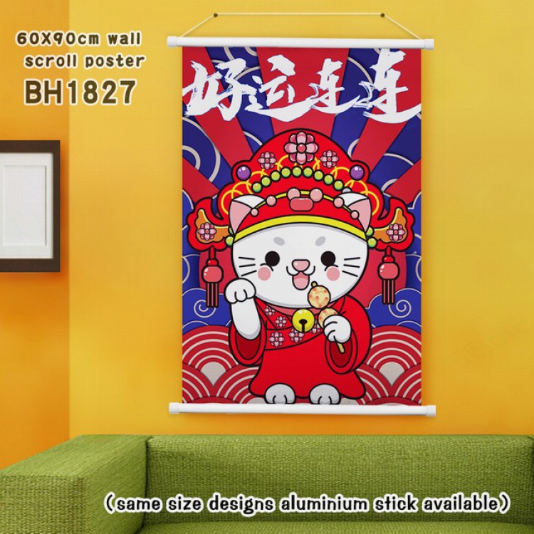 Lucky Cat New Year White Plastic rod Cloth painting Wall Scroll 60X90CM BH1827