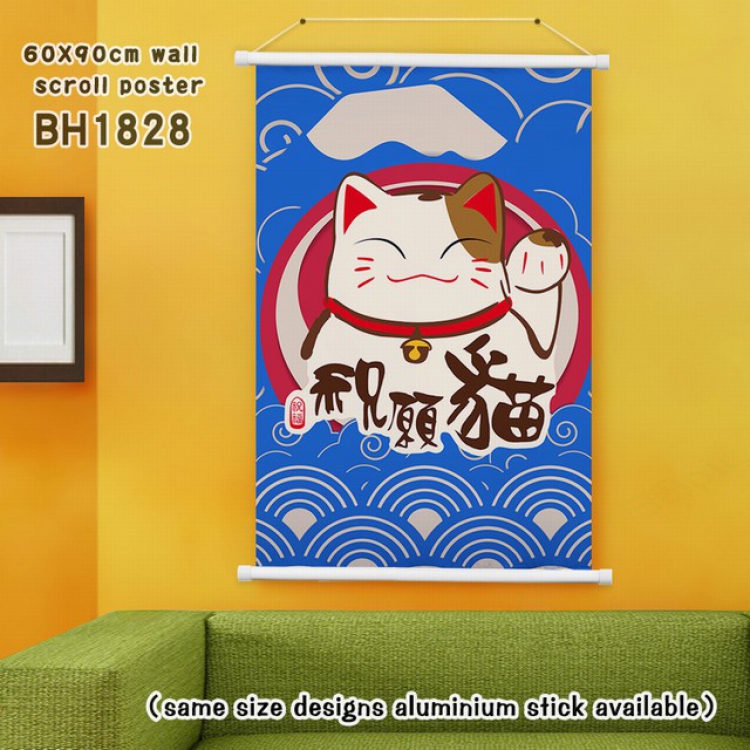 Lucky Cat New Year White Plastic rod Cloth painting Wall Scroll 60X90CM BH1828