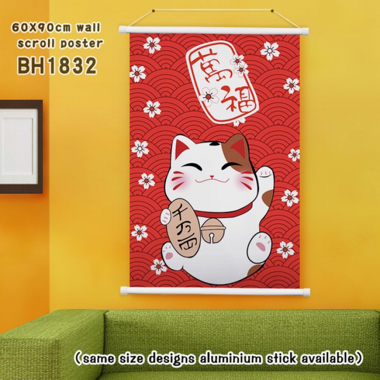 Lucky Cat New Year White Plastic rod Cloth painting Wall Scroll 60X90CM BH1832