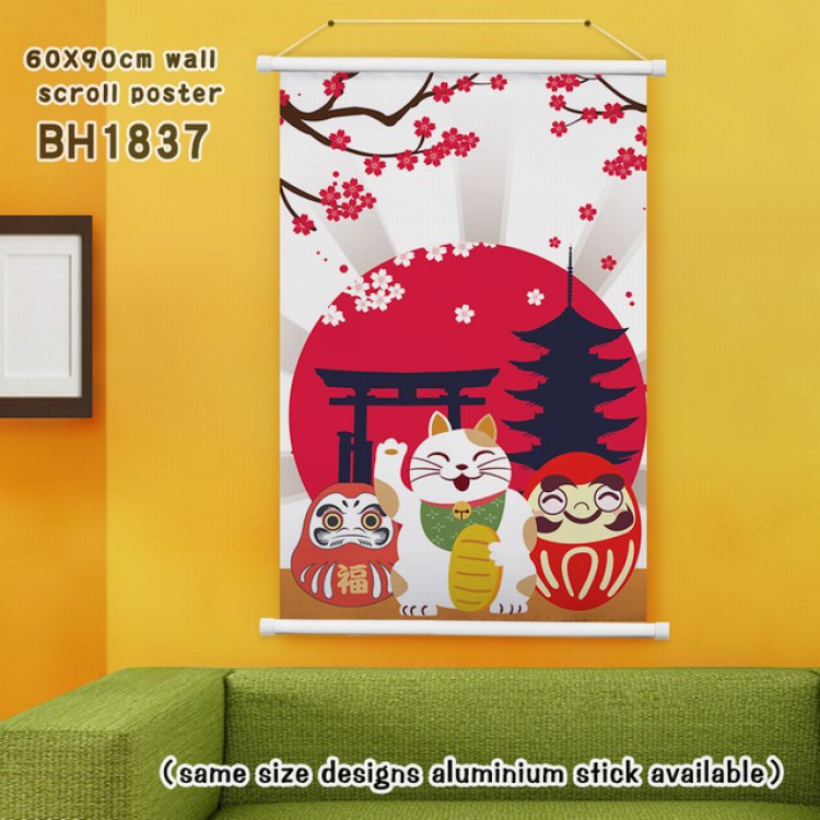 Lucky Cat New Year White Plastic rod Cloth painting Wall Scroll 60X90CM BH1837