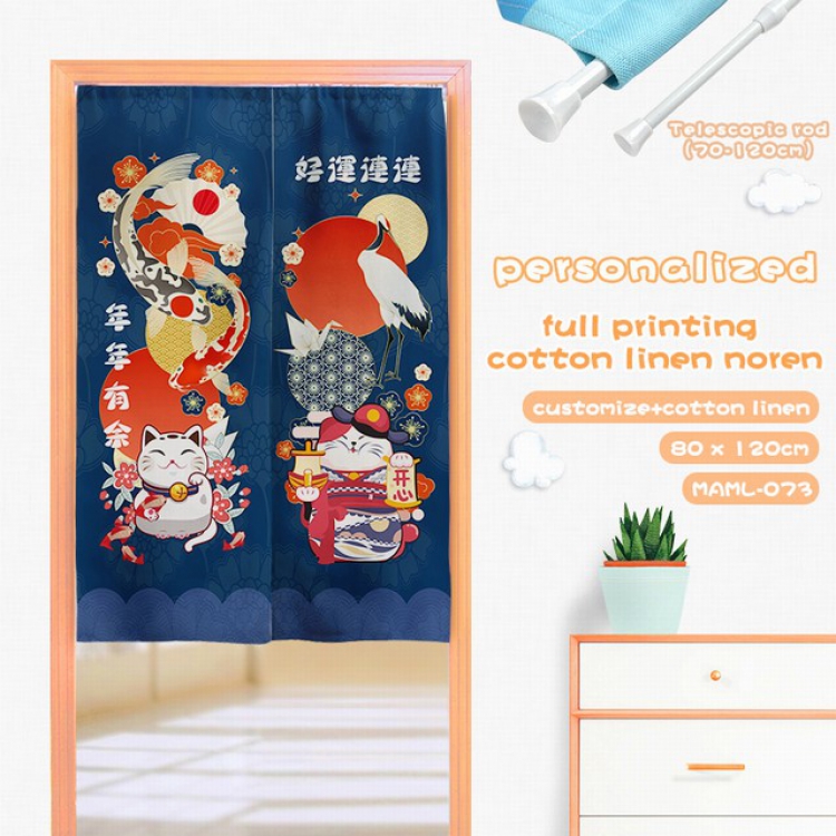 Lucky Cat Cotton and linen color printing curtain Adjustable telescopic rod 80X120CM MAML073