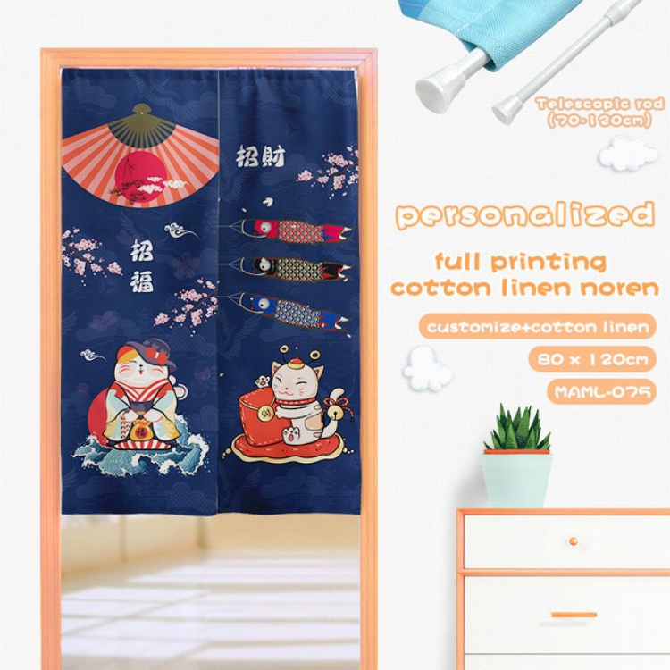 Lucky Cat Cotton and linen color printing curtain Adjustable telescopic rod 80X120CM MAML075