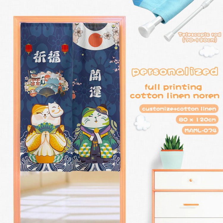 Lucky Cat Cotton and linen color printing curtain Adjustable telescopic rod 80X120CM MAML074