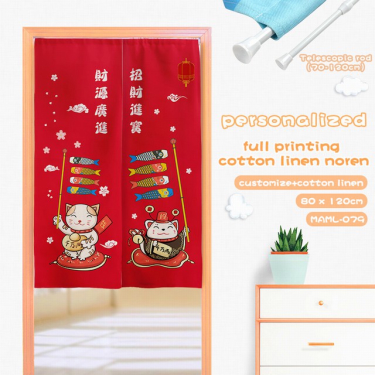 Lucky Cat Cotton and linen color printing curtain Adjustable telescopic rod 80X120CM MAML079