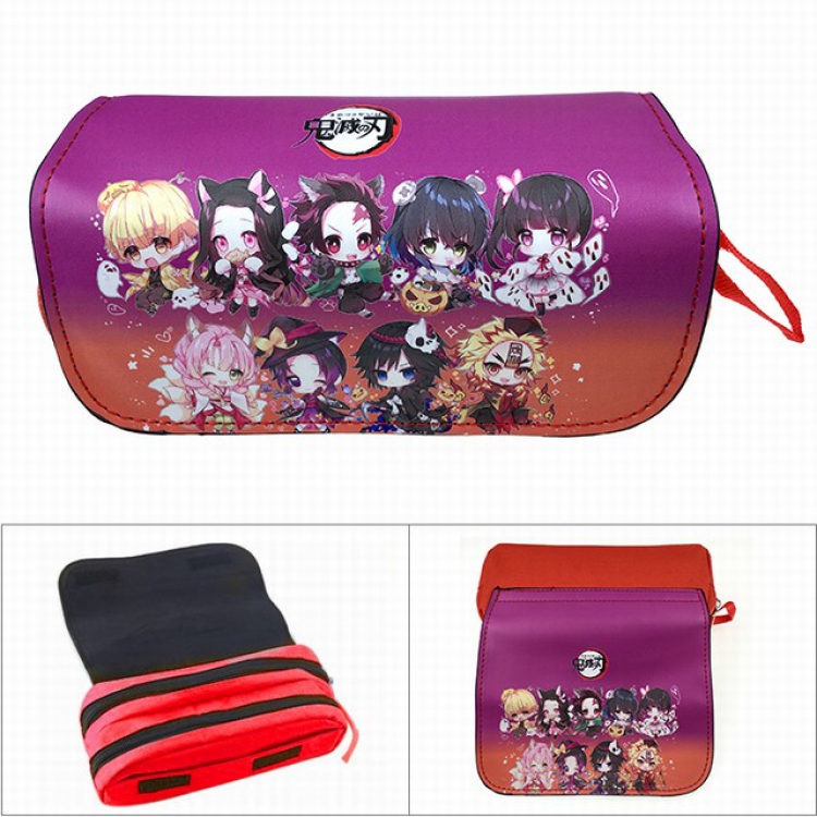 Demon Slayer Kimets red Double zipper PU pencil case Student stationery bag