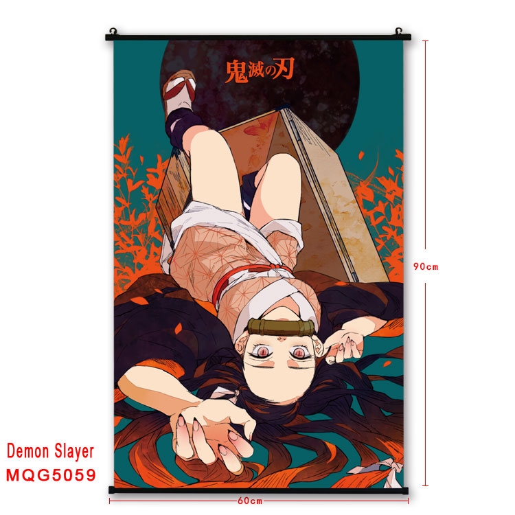 Demon Slayer Kimets  Anime black Plastic rod Cloth painting Wall Scroll 60X90CM MQG5059