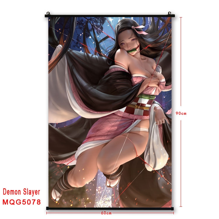 Demon Slayer Kimets  Anime black Plastic rod Cloth painting Wall Scroll 60X90CM MQG5078