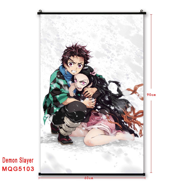 Demon Slayer Kimets  Anime black Plastic rod Cloth painting Wall Scroll 60X90CM MQG5103