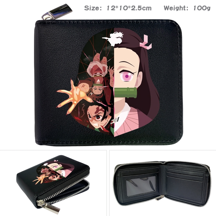 Demon Slayer Kimets Zipper UV printed bi-fold leather wallet 12x10x2.5cm 100g