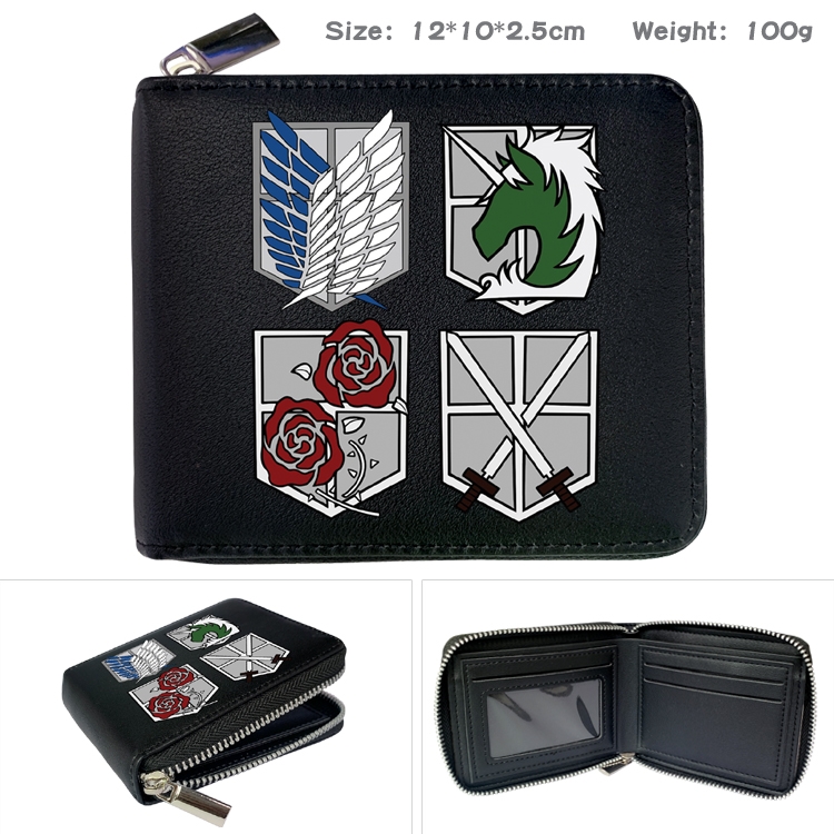 Shingeki no Kyojin Anime Zipper UV printed bi-fold leather wallet 12x10x2.5cm 100g