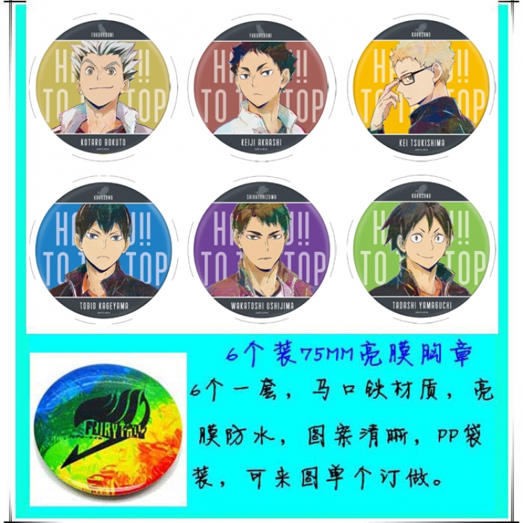 Haikyuu!! Anime round Badge Bright film badge Brooch 75mm a set of 6 Style B