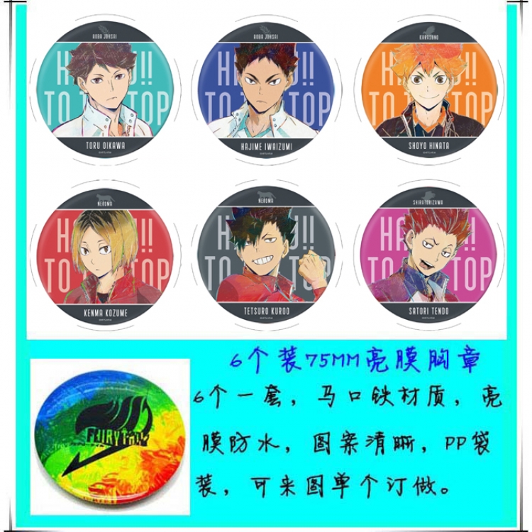 Haikyuu!! Anime round Badge Bright film badge Brooch 75mm a set of 6 Style A