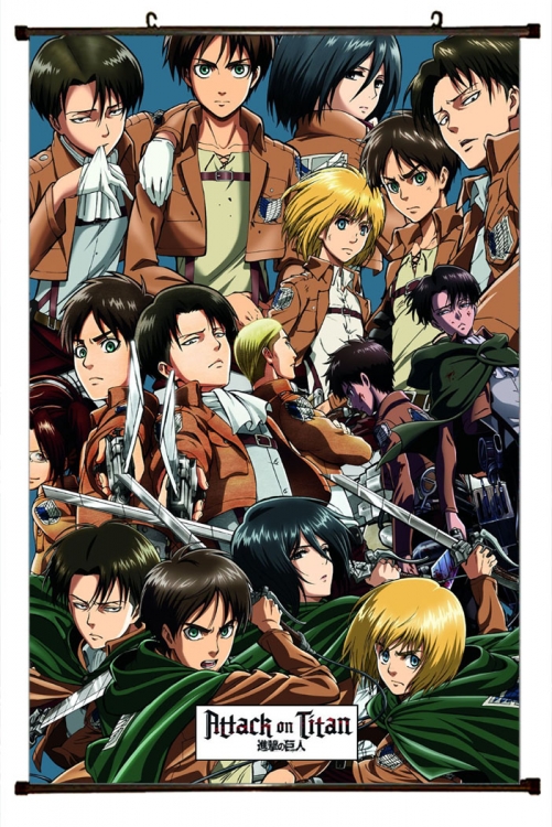 Shingeki no Kyojin Anime black Plastic rod Cloth painting Wall Scroll 60X90CM J12-263