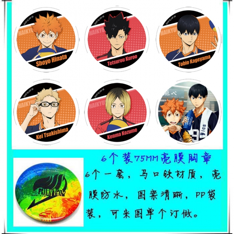 Haikyuu!! Anime round Badge Bright film badge Brooch 75mm a set of 6  Style A