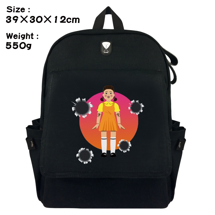 Squid game Canvas Flip Backpack Student Schoolbag Headphone Hole 39X30X12CM 