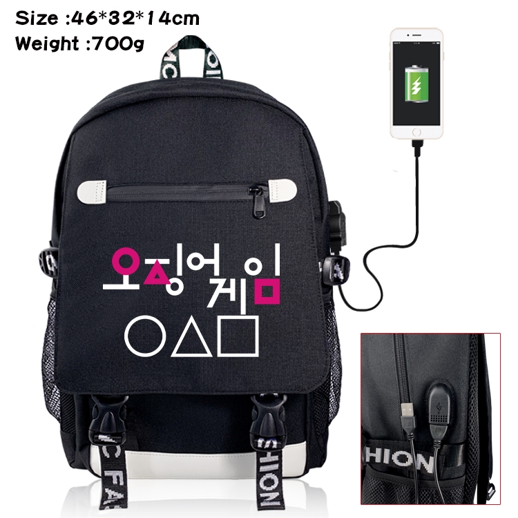 Squid game Canvas Backpack School Bag with Flip Data Cable